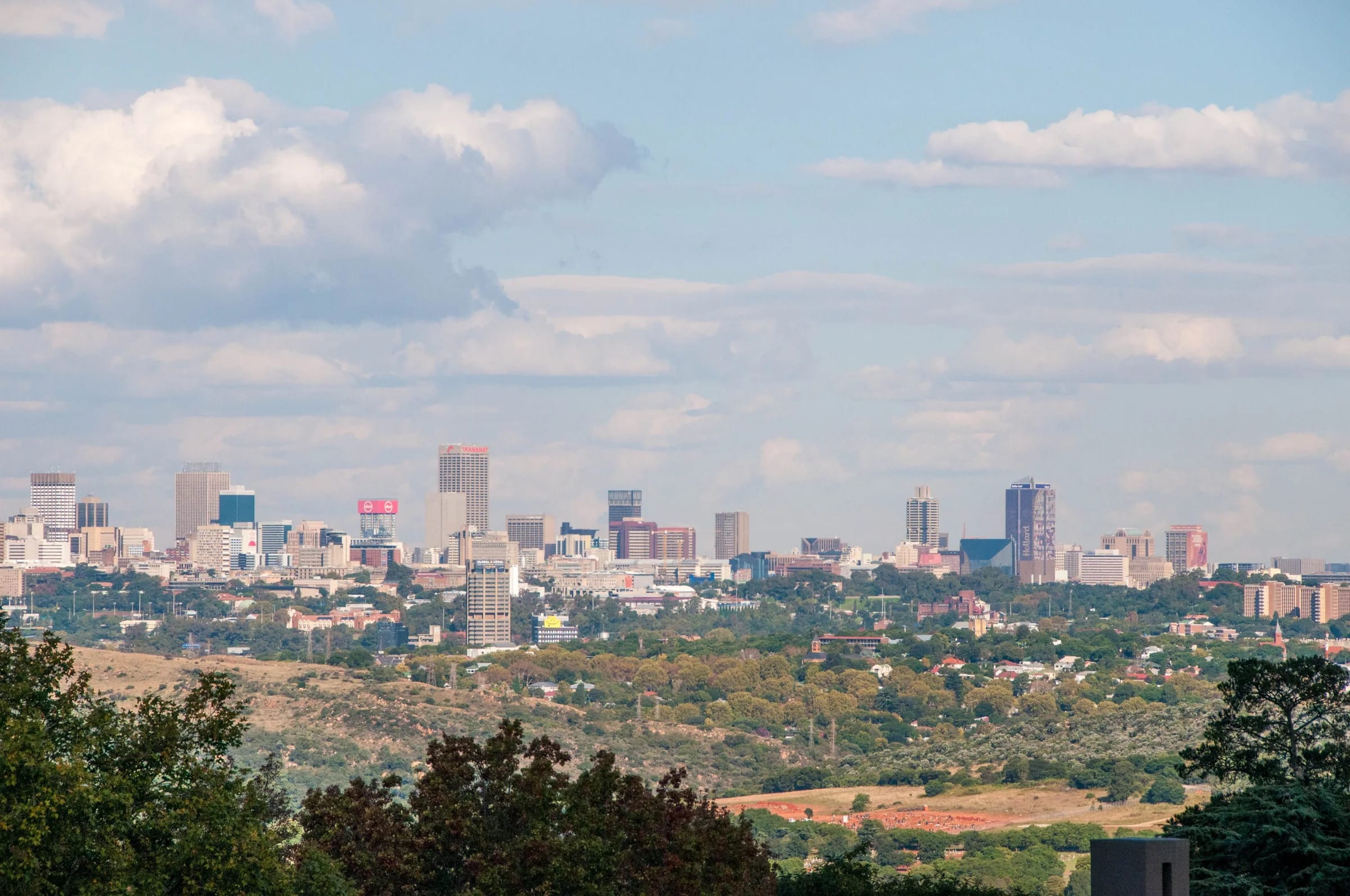 Johannesburg skyline rising beyond a green urban canopy
